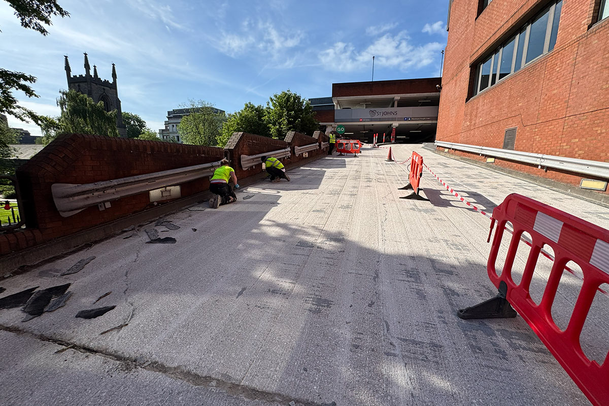 Q-Park decking ramp in Leeds prior to refurbishment.
